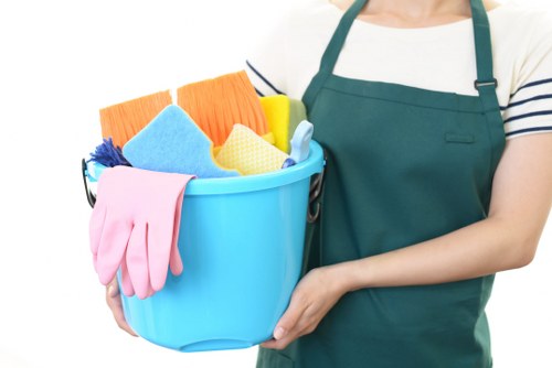 Cleaner arriving with cleaning supplies for a booked home service